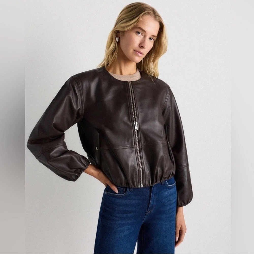 Quince 100% Leather Collarless Cropped Jacket Brown‎ Size Small